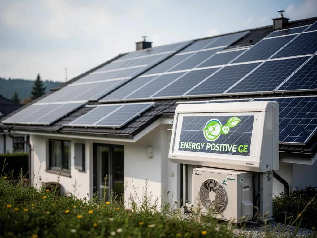 Vue d'une maison contemporaine avec panneaux solaires sur le toit et une interface de gestion énergétique affichée sur une