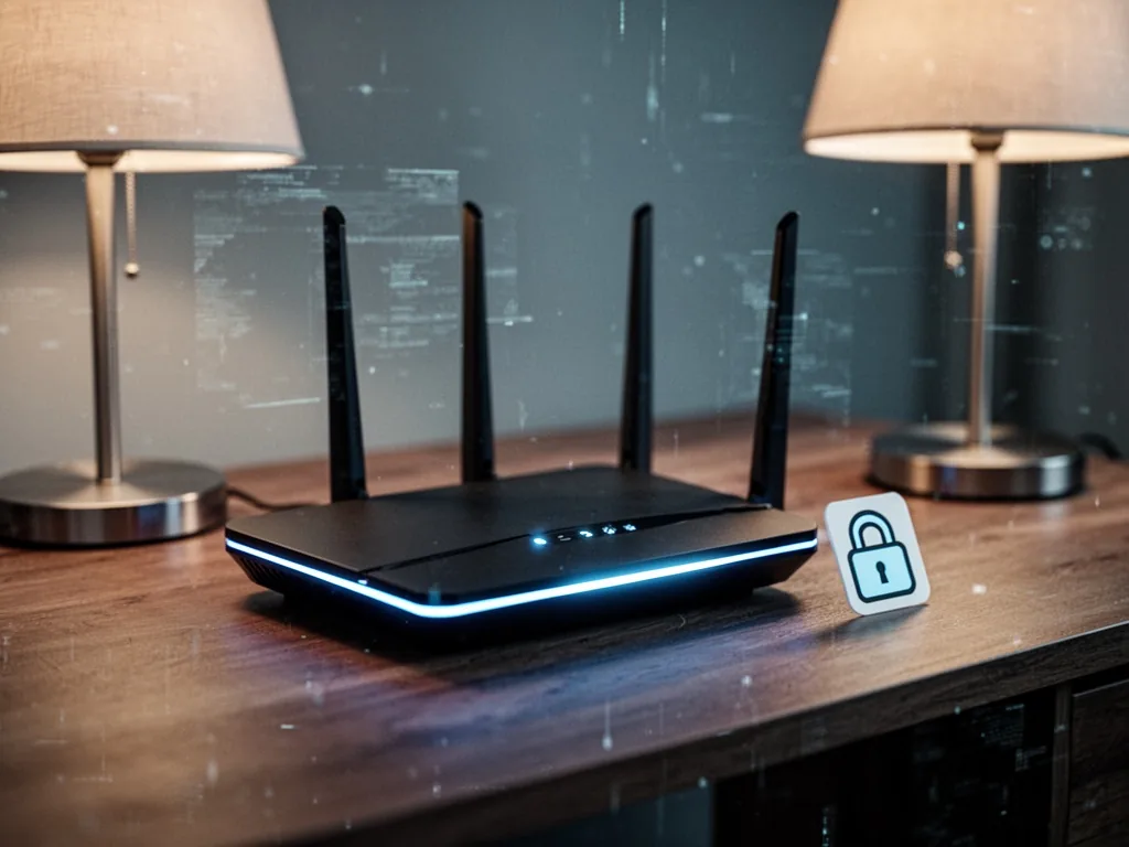 A sleek router with glowing blue lights and a small lock icon sticker placed next to it, on a wooden desk, soft ambient